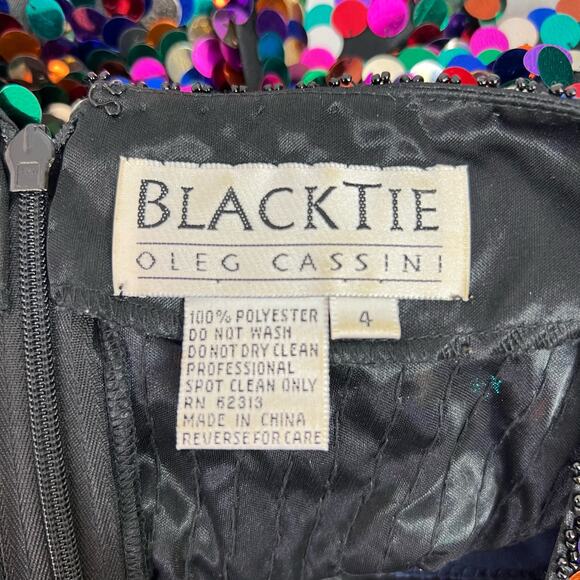 Oleg Cassini Black Tie Vintage Sequin Dress Size 4 Rainbow Long Sleeve Party - Picture 7 of 9